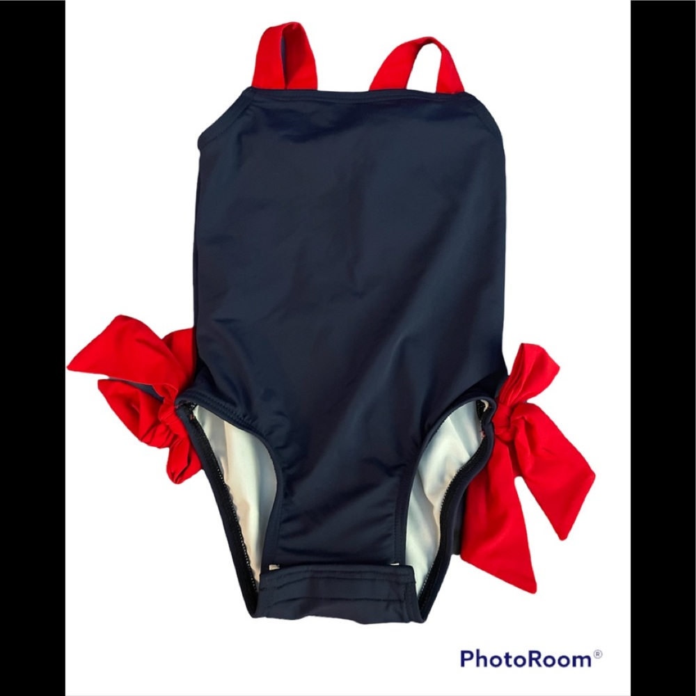 The Beaufront Bonnet Company Navy Blue bathing suit red bows size 12-18 months